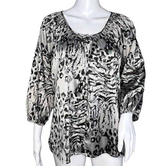 Express Shirt Womens Small White Gray Leopard Print Satin Office Career Party - Picture 1 of 9
